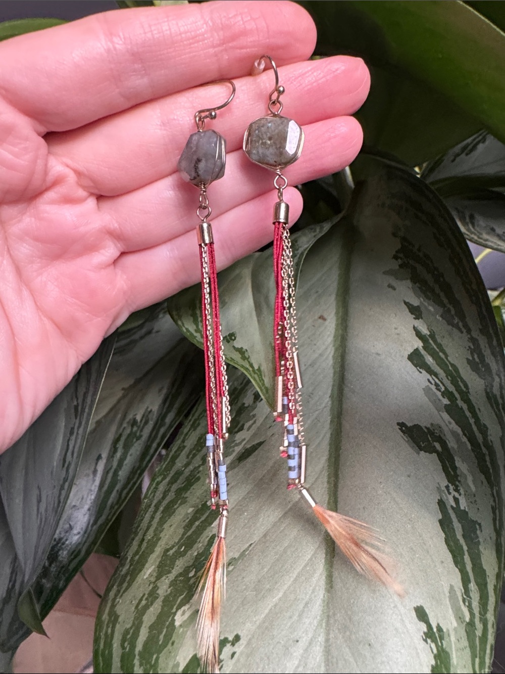 Free People Gray Stone and Red Tassel Drop Earrings